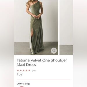 Baltic born Tatiana Velvet One Shoulder Maxi Dress color sage size small